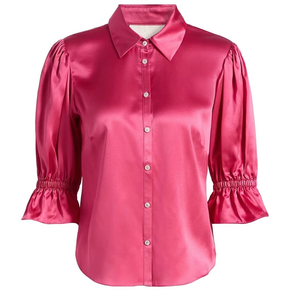 Cinq a Sept Fiona Silk Puff Sleeve Blouse Top, Vibrant Pink, Medium (M)